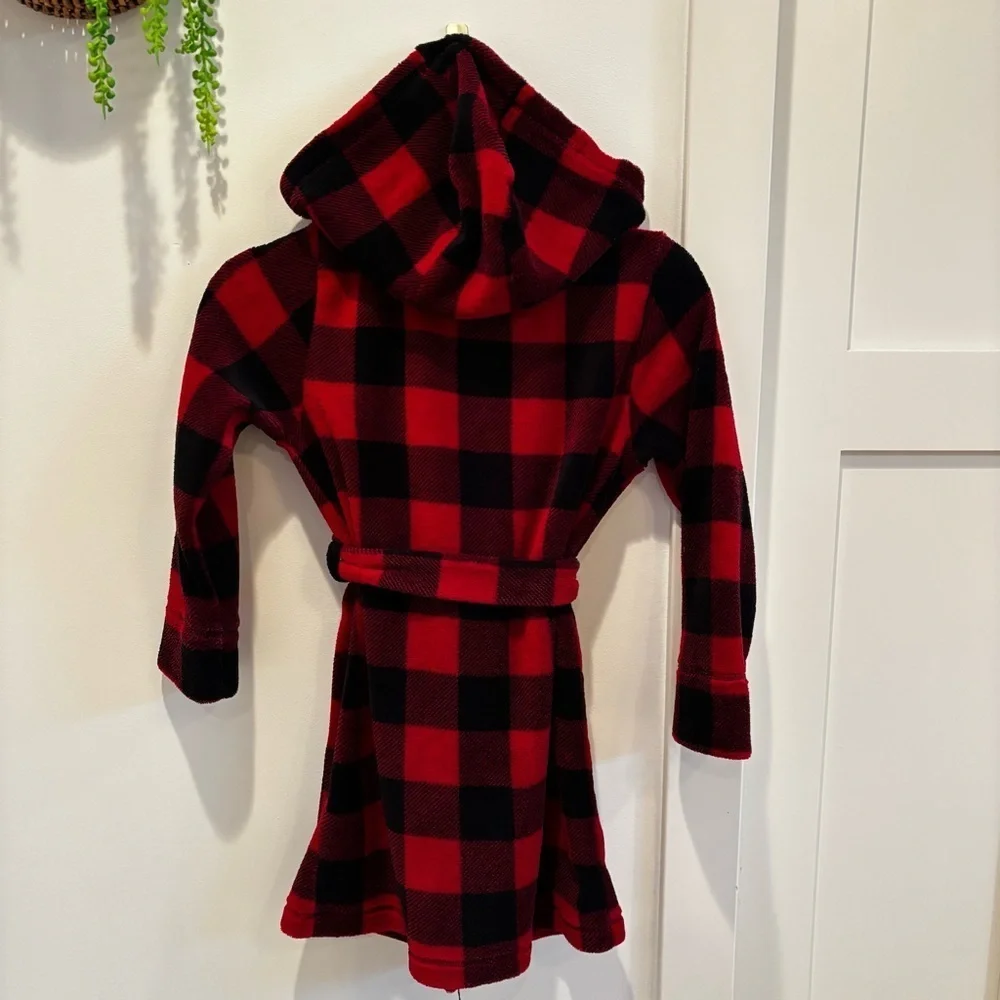 Abercrombie Kids Sleep Red Black Buffalo Plaid Fuzzy Hooded Robe Unisex Size 7/8